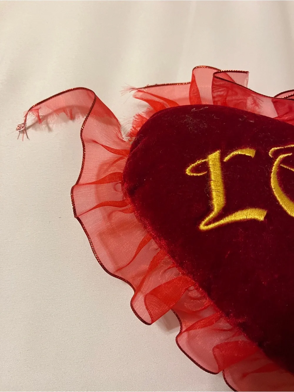 Red Heart LOVE Embroidered Plush Pillow Ruffle Velvet 9